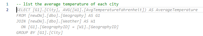 查詢編輯器的螢幕快照，其中顯示根據要求「列出每個城市平均溫度」的批注來提供程式碼建議區塊。