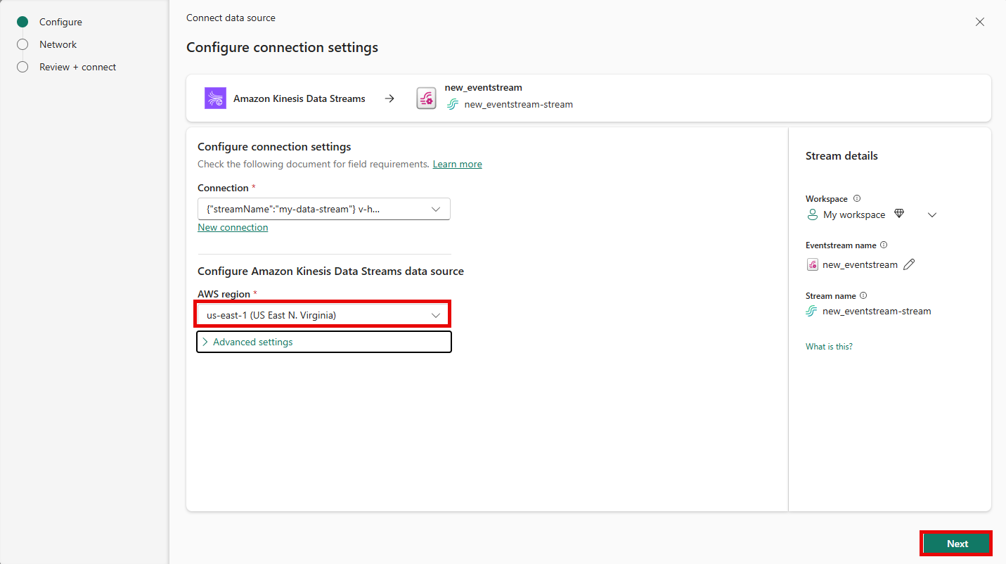 設定 Amazon Kinesis 資料來源之 [區域] 欄位的螢幕快照。