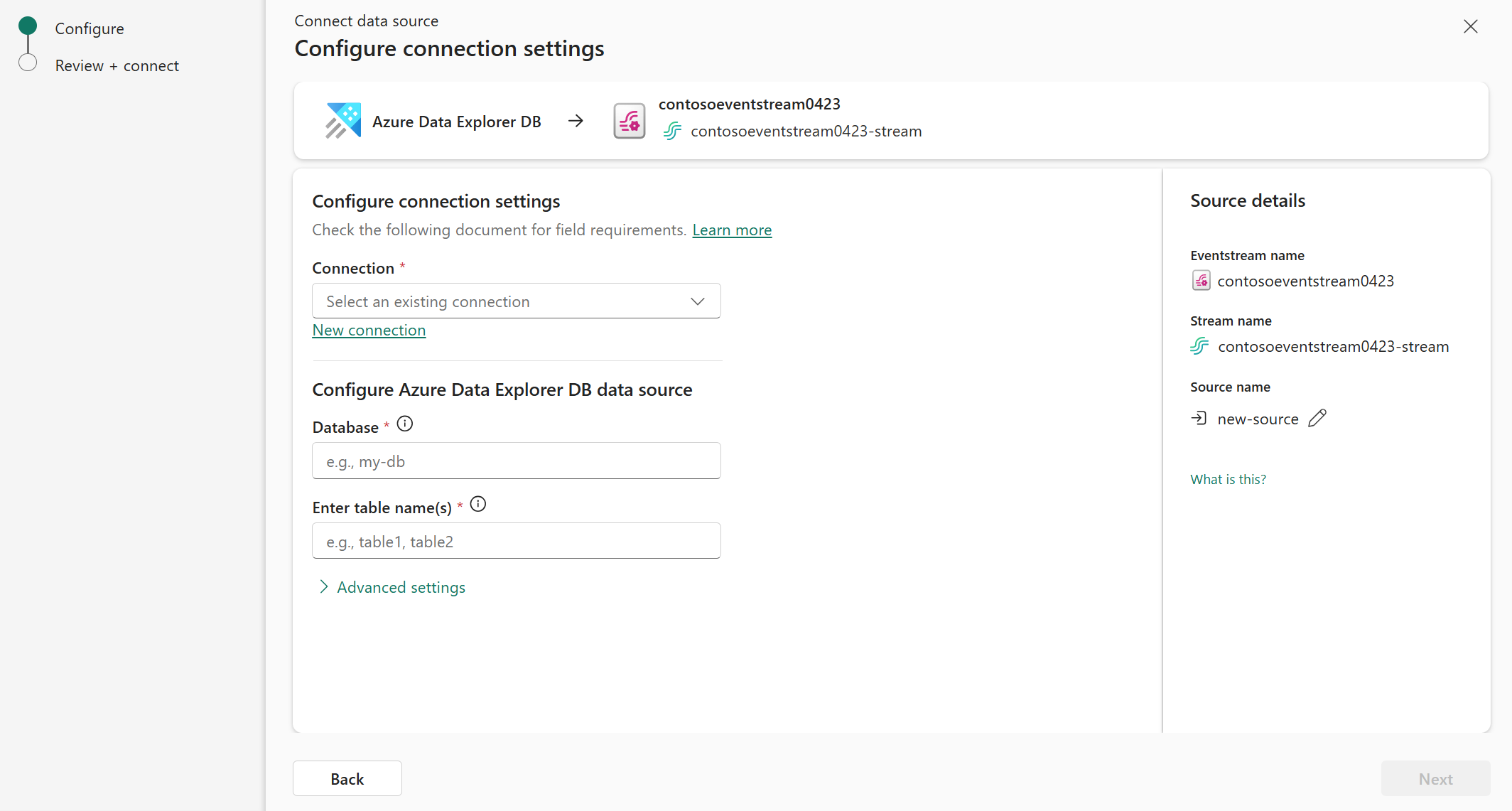 截圖，顯示Azure Data Explorer連線設定中來源細節的區塊。
