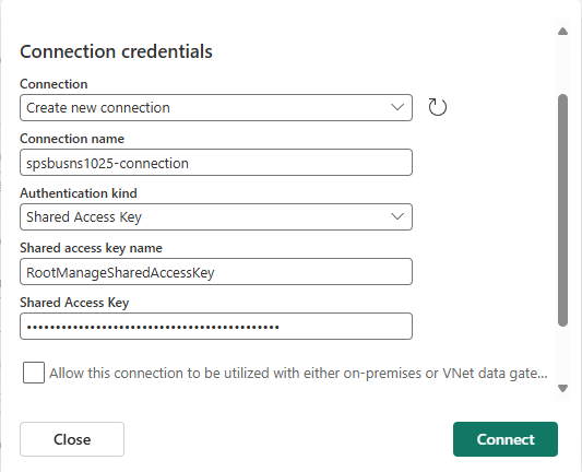 截圖顯示Azure Service Bus連接器的連線憑證。