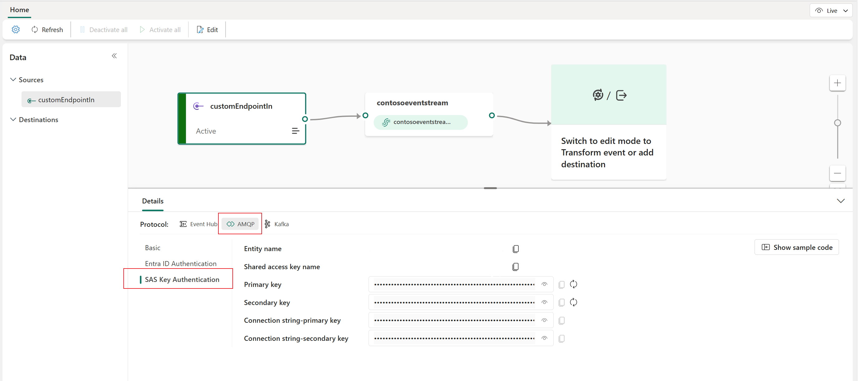 顯示 Eventstream 實時檢視 [詳細數據] 窗格上 AMQP 密鑰的螢幕快照。