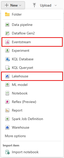 顯示工作區 [新增] 功能表中要選取 [Eventstream] 和 [Lakehouse] 位置的螢幕快照。