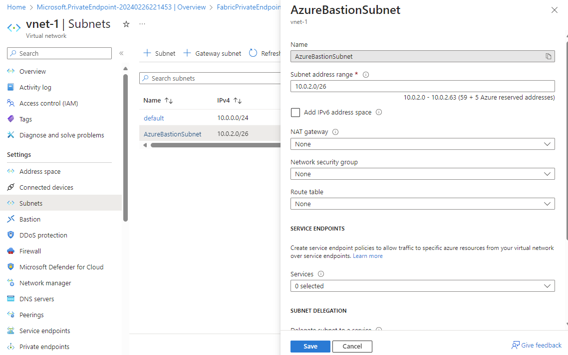 建立 AzureBastionSubnet 的螢幕擷取畫面。