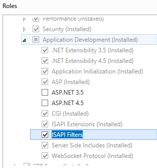 在 Windows Server 2012 介面中選取的 I S A P I 篩選器螢幕擷取畫面。