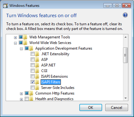 在 Windows Vista 或 Windows 7 介面中選取的 I S A P I 篩選器螢幕擷取畫面。