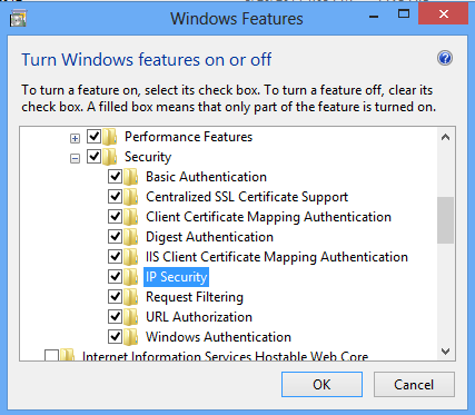 顯示 [Windows 功能] 視窗的螢幕擷取畫面，其中已選取 [I P 安全性]。