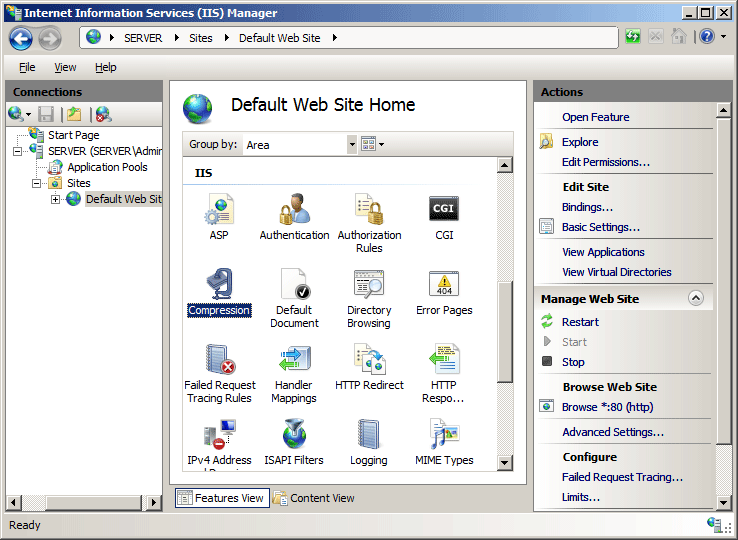 Internet Information Services Manager 的螢幕擷取畫面，其中已選取 [首頁] 窗格中的 [壓縮]。