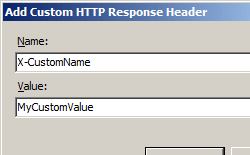[新增自訂 H T T P 標頭] 對話方塊的螢幕擷取畫面，其中包含自訂標頭的名稱和值欄位。