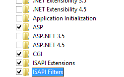 螢幕擷取畫面顯示已選取 [I S A P I 篩選] 展開的 [萬維網服務和應用程式開發功能] 窗格。