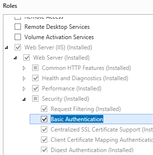 Windows Server 2012 介面中選取 [基本驗證] 的螢幕擷取畫面。