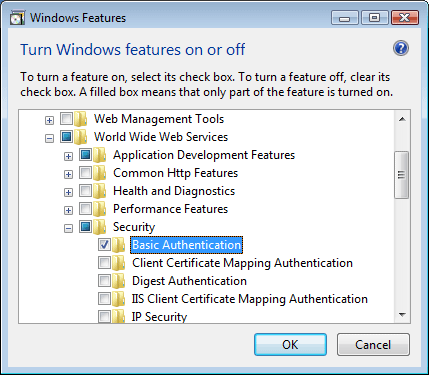 Windows Vista 或 Windows 7 介面中選取 [基本驗證] 的螢幕擷取畫面。