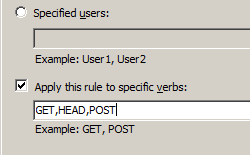 針對特定 H T T P 動詞的所有使用者新增 [允許規則] 對話方塊的影像，其中顯示 [將此規則套用至特定動詞] 方塊中輸入的動詞。