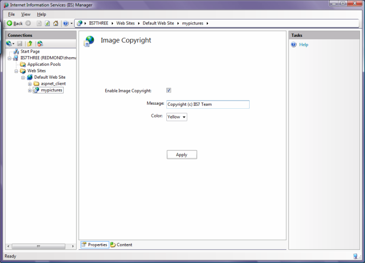 I S Management Console 的螢幕擷取畫面，其中已選取圖片應用程式並顯示影像著作權訊息。