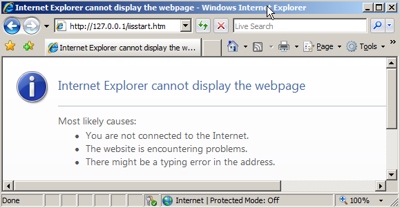 Internet Explorer 網頁瀏覽器的螢幕擷取畫面。頁面上的文字指出 Internet Explorer 無法顯示網頁。