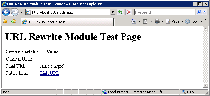 瀏覽器畫面的螢幕擷取畫面，其中顯示 U R L 重寫模組測試頁面。