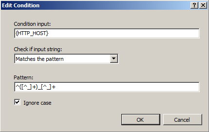 [編輯條件] 對話框的螢幕快照。在 [條件] 輸入方塊中，會寫入文字括弧 H T T P 底線 HOST 右括弧。核取 [忽略大小寫] 複選框。