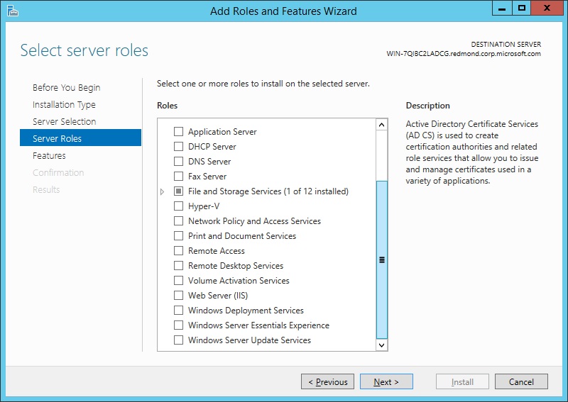 顯示 Windows Server 2012 中 [伺服器角色] 頁面的螢幕擷取畫面。