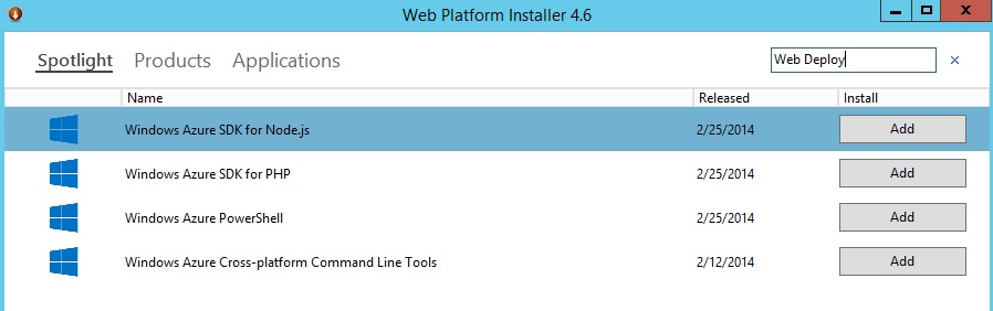 Web Platform Installer 四點六的螢幕快照。反白顯示適用於節點點 J S 的 Windows Azure S D K。
