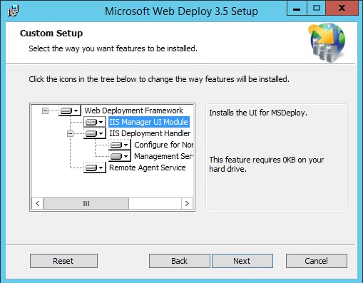 Microsoft Web Deploy 三點五設定對話框的螢幕快照。[自訂安裝] 頁面隨即顯示。I S Manager U I 模組已醒目提示。
