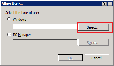 顯示 [允許使用者] 對話框的螢幕快照。[Windows] 文本框旁的 [選取] 會反白顯示。