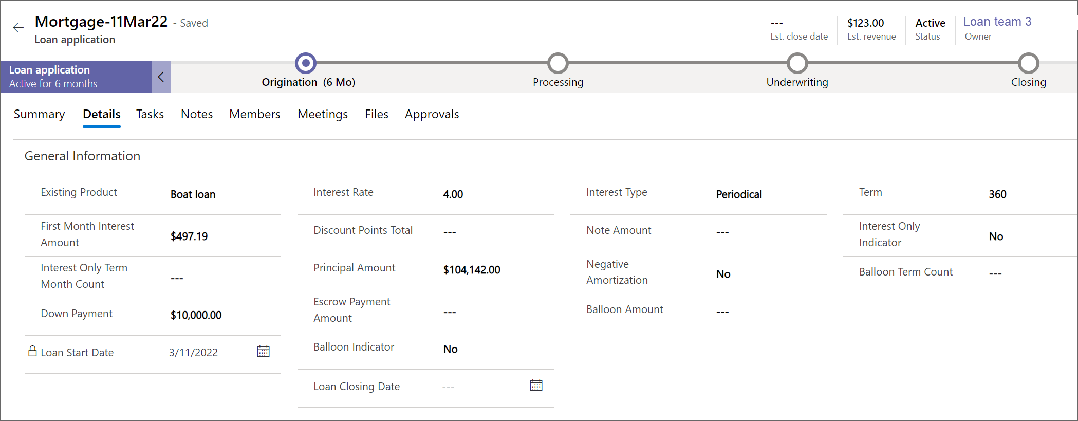 顯示 [一般資訊] 區段的貸款 [詳細資料] 索引標籤螢幕擷取畫面。