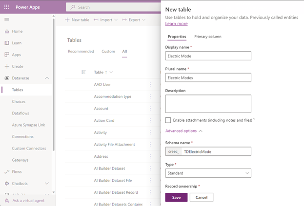 範建立電動模式資料表。