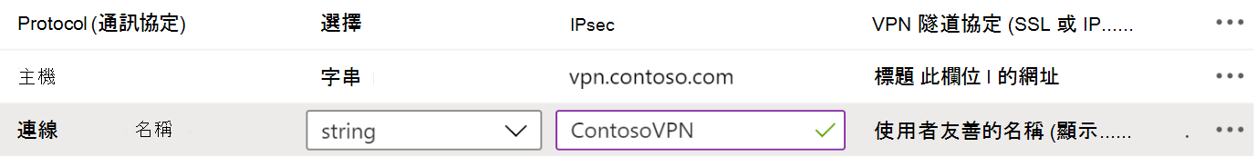 使用 Configuration Designer 在 Microsoft Intune 中 VPN 應用程式設定政策中的協定、連線名稱與主機名稱範例
