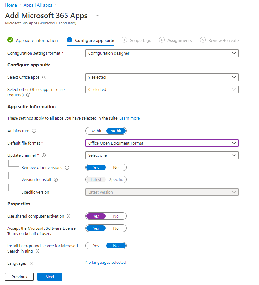 截圖：新增 Microsoft 365 Apps - 配置設計器。