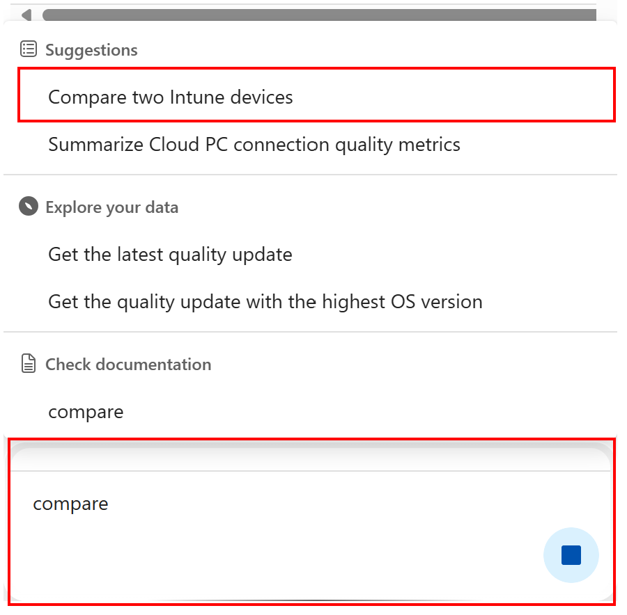 截圖顯示 Microsoft Intune 或 Intune 管理中心中比較 Intune 裝置的 Copilot 提示字。