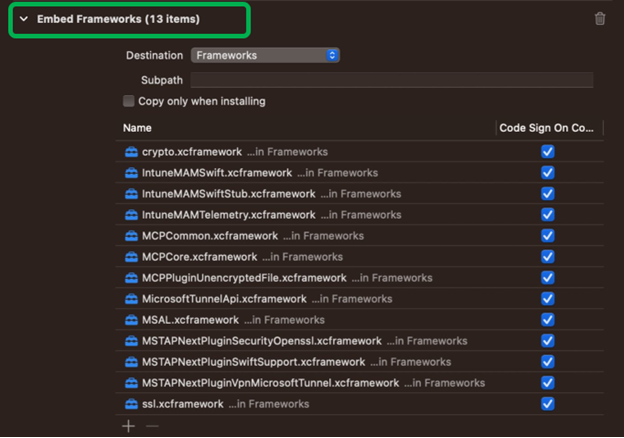 截圖顯示 macOS 裝置上 Xcode 內嵌的所有 Microsoft 隧道框架。