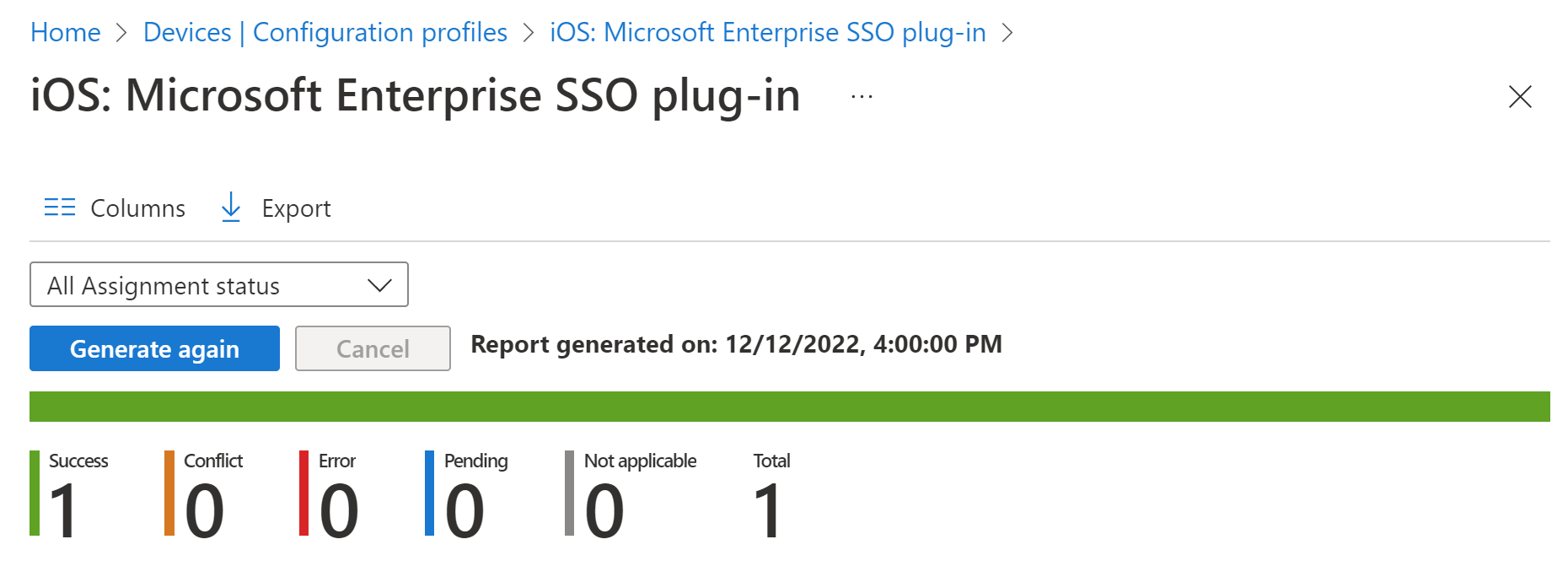 截圖顯示 iOS/iPadOS 裝置配置檔在 Intune 中的部署報告。