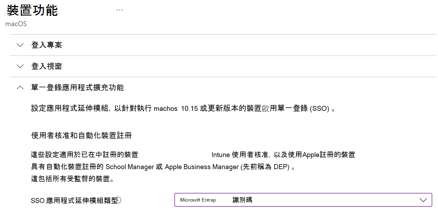 這張截圖顯示了 Intune 中 macOS 的 SSO 應用程式擴充功能類型和 Microsoft Entra ID