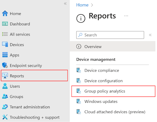截圖顯示如何在 Microsoft Intune 和 Intune 管理中心使用群組原則分析來檢視匯入 GPO 的報告與輸出。