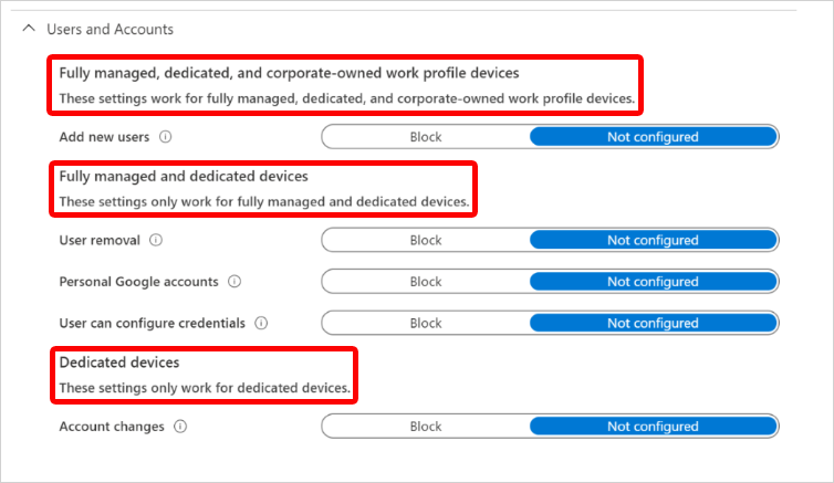 螢幕擷取畫面，顯示 Android 企業版使用者和帳戶設定標頭，以及它們在 Microsoft Intune 中套用的註冊類型。