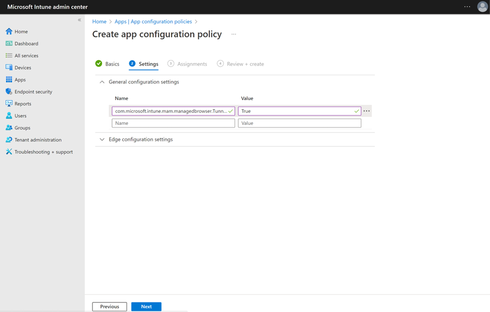 這張圖片顯示了 Microsoft Intune 中非受管型 Android 裝置 MAM 隧道的身份交換器設定鍵與值。
