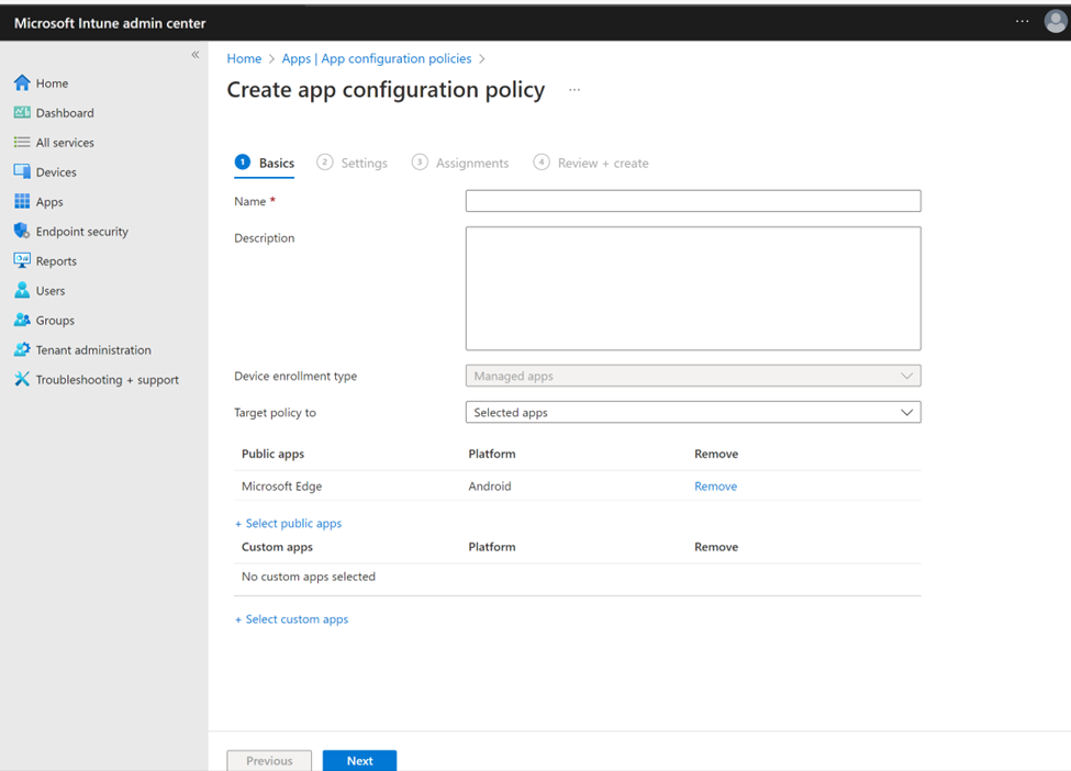 這是一張將 Microsoft Edge 設定為公開應用程式的應用程式設定政策的截圖。