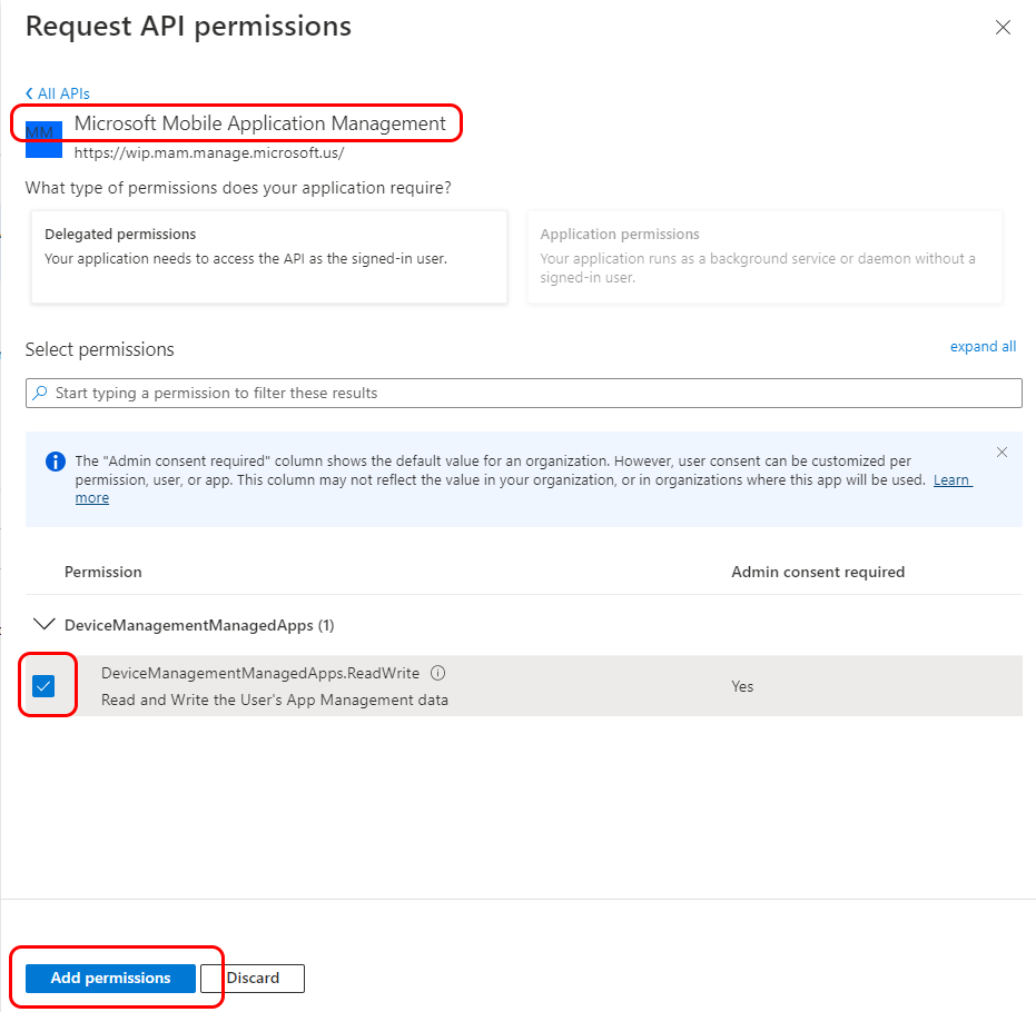 設定 Microsoft 行動應用程式管理的 API 權限。