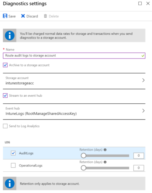 這張截圖顯示如何將 Microsoft Intune 稽核日誌傳送到 Azure 儲存帳號。
