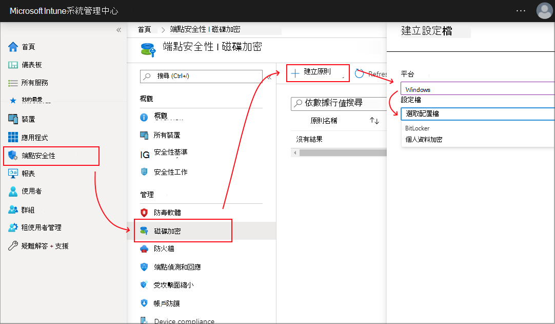 Windows 加密設定檔選擇面板的螢幕擷取。