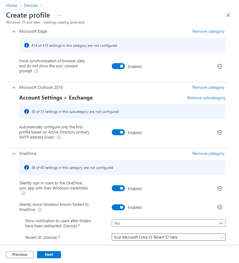 截圖顯示 Microsoft Intune 設定目錄設定檔的範例。