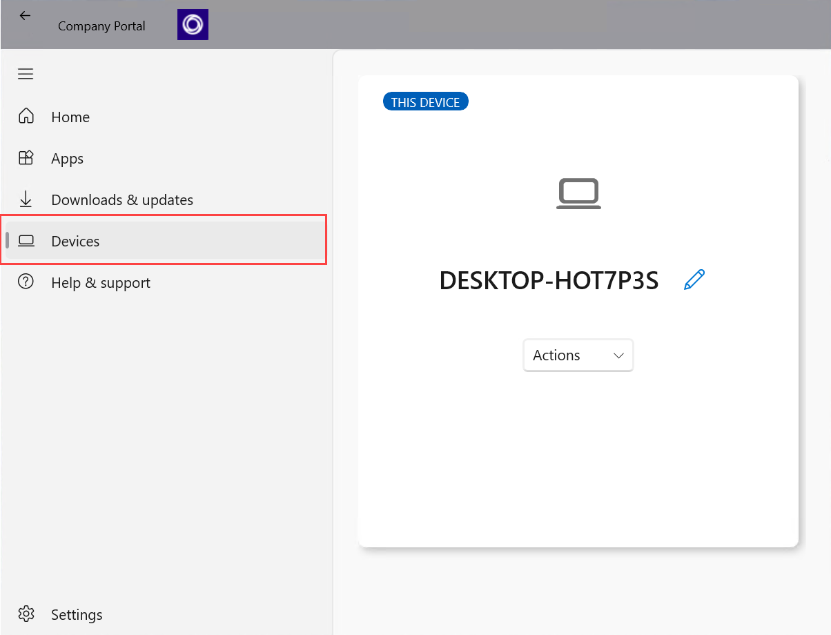 Windows 公司入口網站應用程式的截圖，標示「裝置」選項。