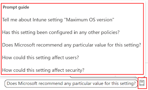 此螢幕擷取畫面顯示當您在 Microsoft Intune 和 Intune 系統管理中心合規性原則中新增設定時的 Copilot 提示指南。