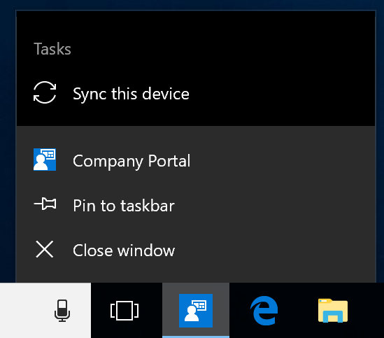 裝置桌面上 Windows 工作列的螢幕擷取畫面。公司入口網站已按一下應用程式程式圖示，即可顯示具有 [釘選到工作列]、[關閉視窗] 和 [同步此裝置] 動作選項的功能表。