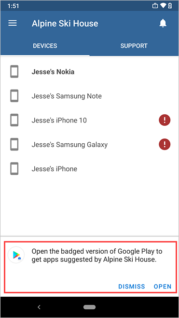 公司入口網站範例影像，[裝置] 索引標籤提示開啟 Google Play 徽章版本。