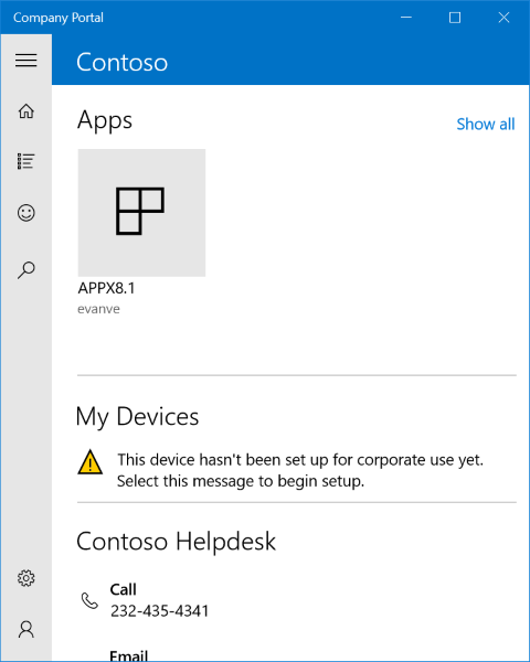 Windows 10 公司入口網站應用程式登陸頁面的影像，其中「裝置」清單中間有狀態訊息，告知使用者他們所在的裝置尚未設定為公司使用，而且使用者應該選取訊息以開始設定。