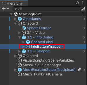 螢幕快照為 3.2 - Info_Dialog GameObject 階層,其中已選取Information_Button