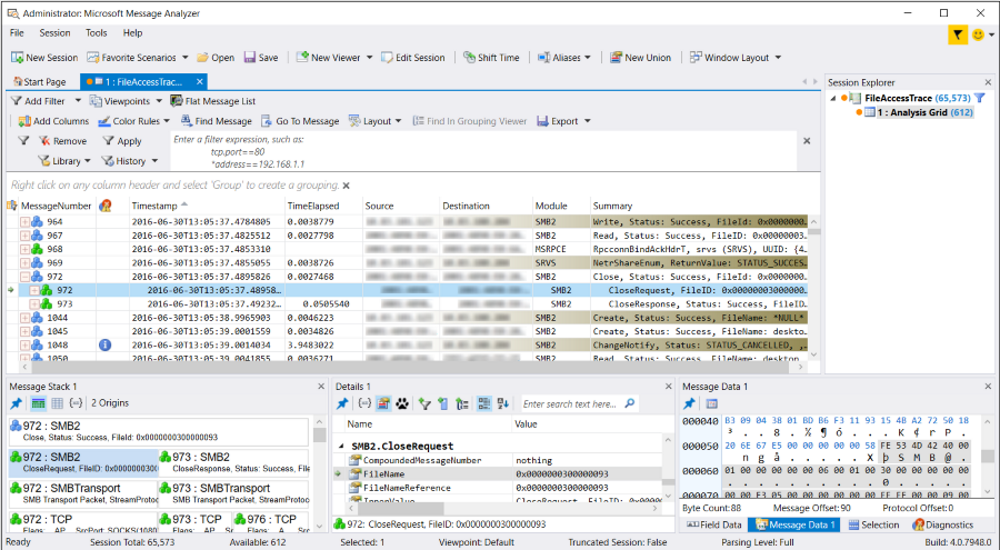 Message Analyzer Analysis Grid viewer results with Session Filter and Color Rule Applied