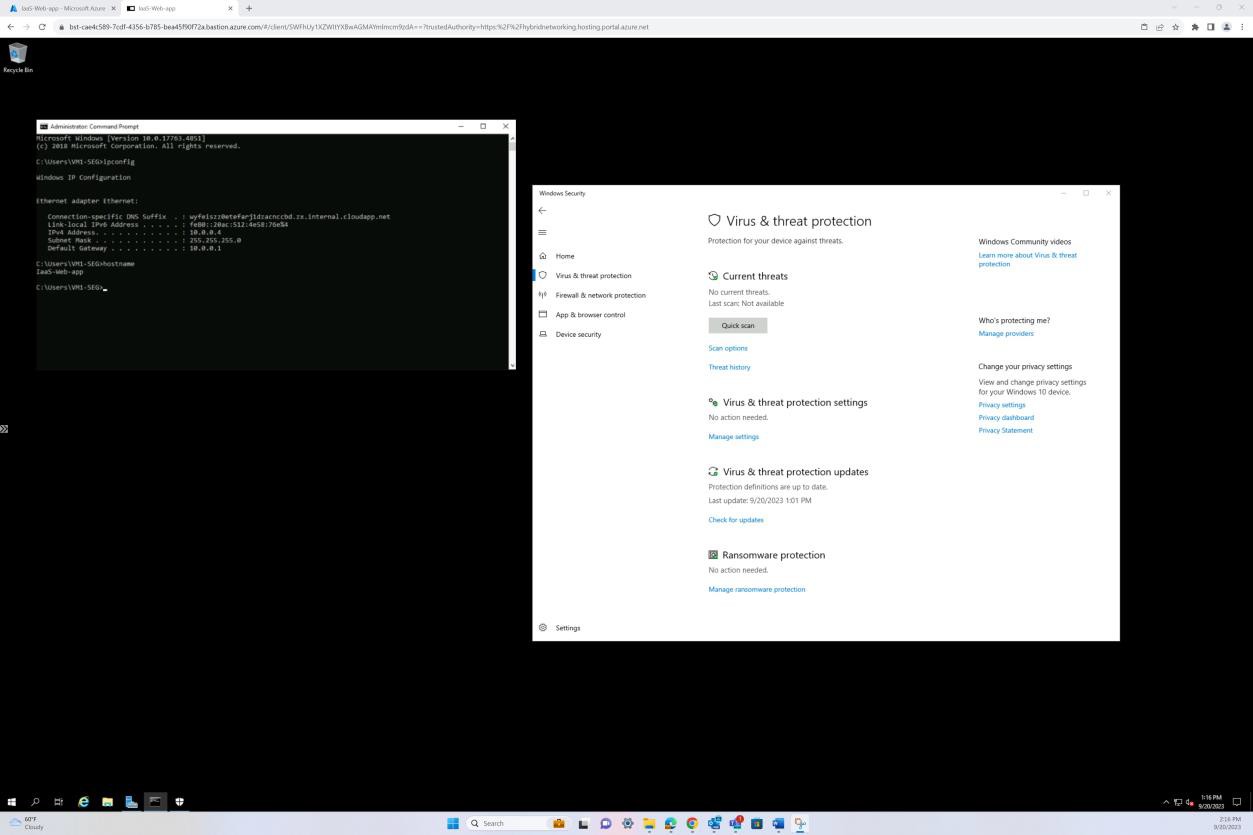 Widows 伺服器命令提示字元彈出病毒和威脅防護。