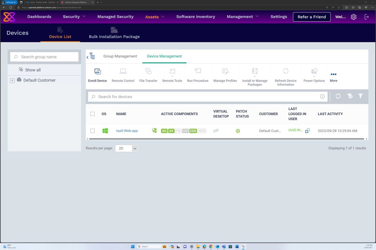 開啟 EDR 裝置管理用於 IaaS 網頁應用程式。