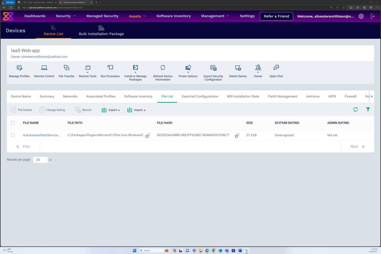 OpenEDR 檔案清單，包含檔名、路徑、雜湊、大小及評分。